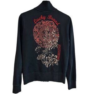 Y2K lucky brand M sweatshirt zip up jacket Asian embroidered graphic embroidery‎